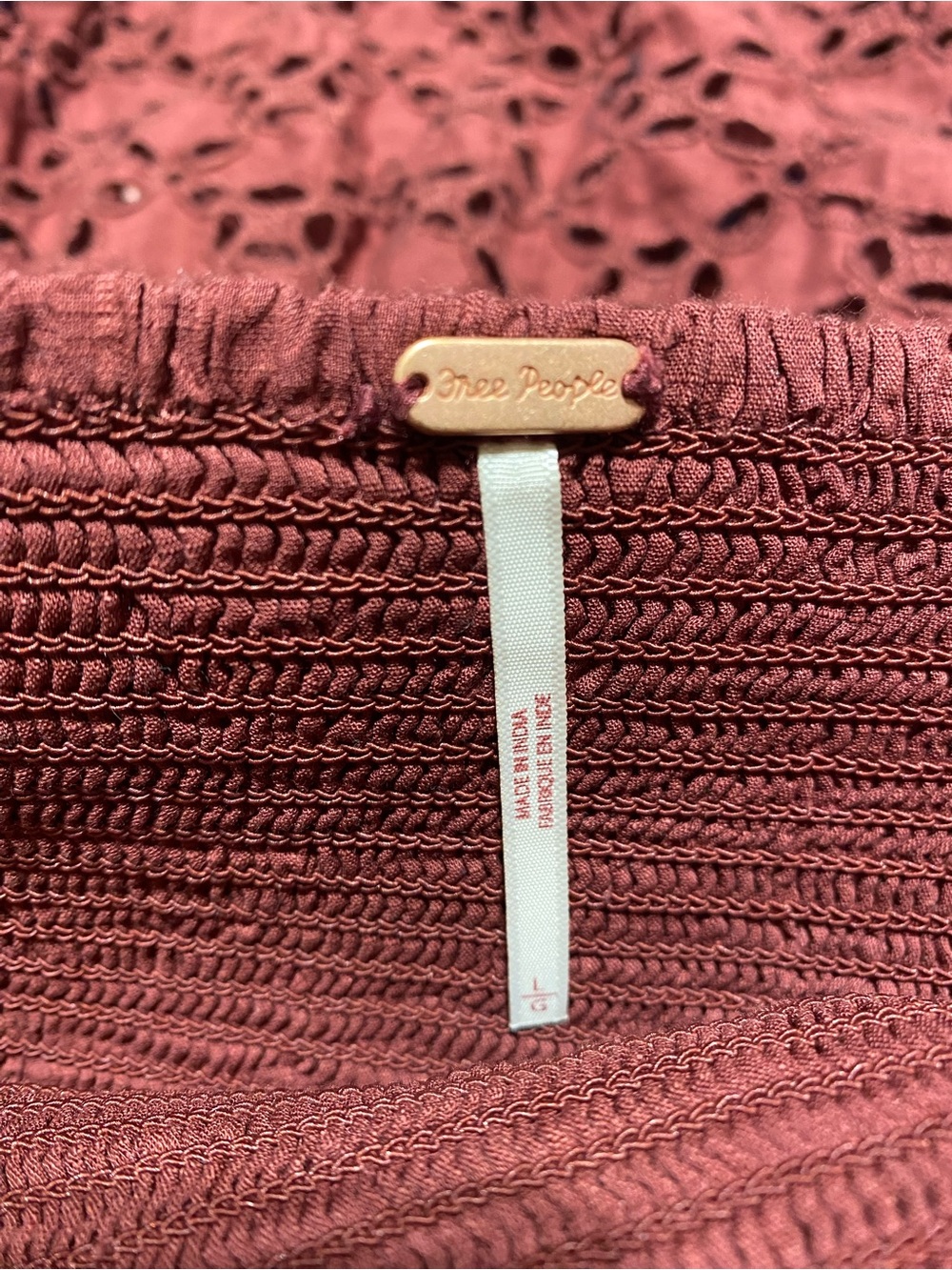 Free People “The Perfect Storm” Midi Dress Eyelet Smocked Cotton Burgundy Size L - Picture 9 of 11